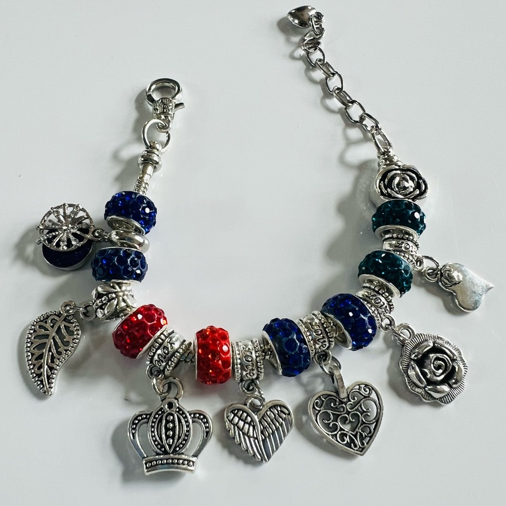 Silver Charm Bracelet with Red and Blue Accents